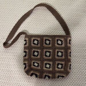 Sac Crochet Square Pattern Shoulder Bag - Brown and Cream